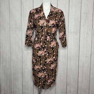Vintage 80s Rayon Floral Shirt Dress Brown Pink Made USA, sz 9/10